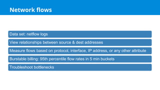 Network flows
Data set: netflow logs
View relationships between source & dest addresses
Measure flows based on protocol, interface, IP address, or any other attribute
Burstable billing: 95th percentile flow rates in 5 min buckets
Troubleshoot bottlenecks
 