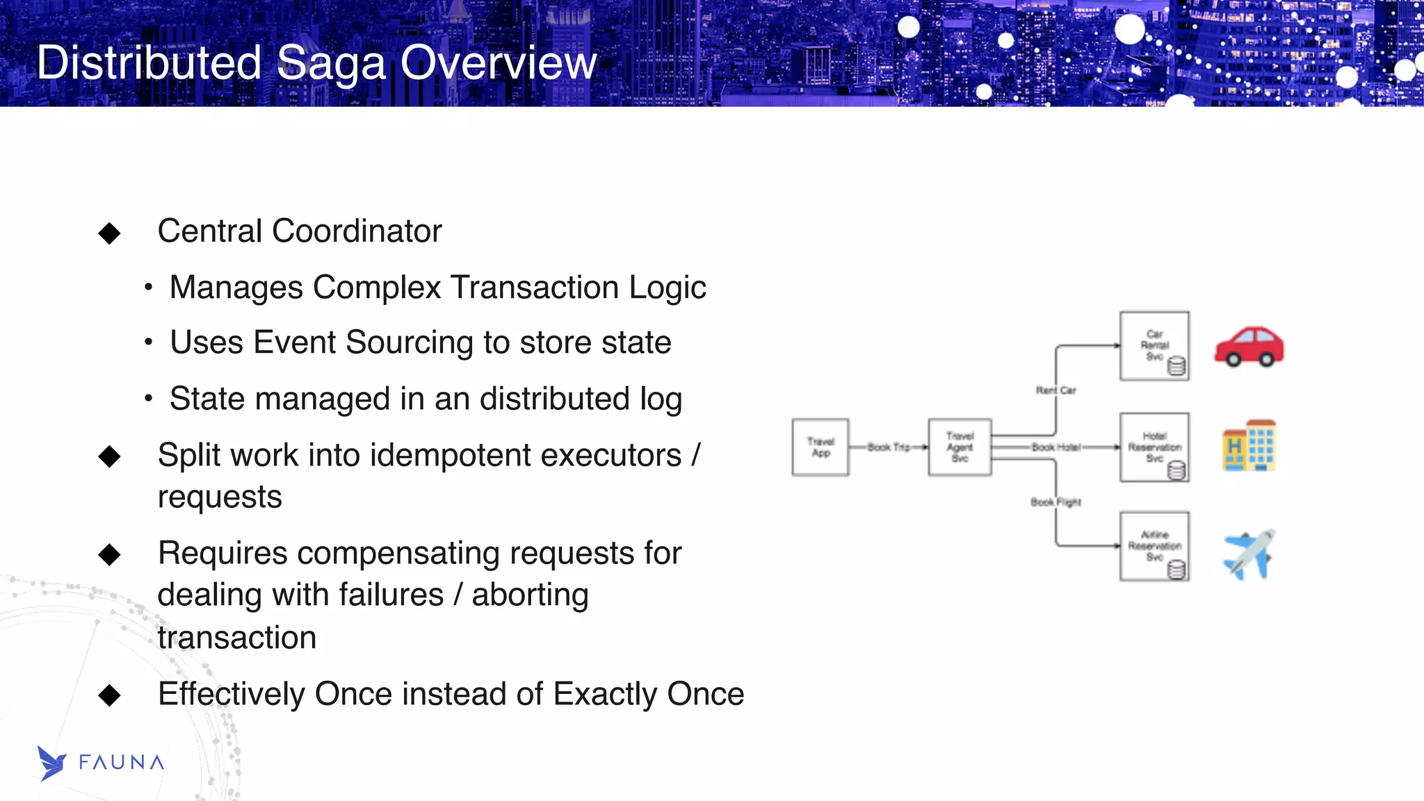 Distributed Saga Overview Central Coordinator • Manages Complex Transaction Logic • Uses Event Sourcing to store state • State managed in an distributed log Split work into idempotent executors / requests Requires compensating requests for   dealing with failures / aborting transaction Effectively Once instead of Exactly Once 