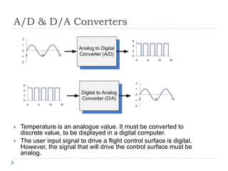 A/D & D/A Converters
 Temperature is an analogue value. It must be converted to
discrete value, to be displayed in a digital computer.
 The user input signal to drive a flight control surface is digital.
However, the signal that will drive the control surface must be
analog.
 