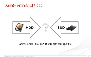 Copyright © 2013 DataCore Software Corp. – All Rights Reserved.
SSD는 HDD의 대신???
24
HDD SSD
SSD와 HDD는 전혀 다른 특성을 가진 드라이브 장치
 
