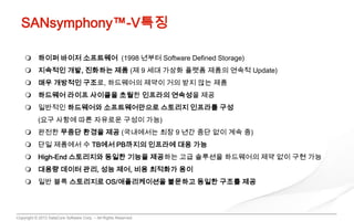 Copyright © 2013 DataCore Software Corp. – All Rights Reserved.
SANsymphony™-V특징
 하이퍼 바이저 소프트웨어 (1998 년부터 Software Defined Storage)
 지속적인 개발, 진화하는 제품 (제 9 세대 가상화 플랫폼 제품의 연속적 Update)
 매우 개방적인 구조로, 하드웨어의 제약이 거의 받지 않는 제품
 하드웨어 라이프 사이클을 초월한 인프라의 연속성을 제공
 일반적인 하드웨어와 소프트웨어만으로 스토리지 인프라를 구성
(요구 사항에 따른 자유로운 구성이 가능)
 완전한 무중단 환경을 제공 (국내에서는 최장 9 년간 중단 없이 계속 중)
 단일 제품에서 수 TB에서 PB까지의 인프라에 대응 가능
 High-End 스토리지와 동일한 기능을 제공하는 고급 솔루션을 하드웨어의 제약 없이 구현 가능
 대용량 데이터 관리, 성능 제어, 비용 최적화가 용이
 일반 블록 스토리지로 OS/애플리케이션을 불문하고 동일한 구조를 제공
 