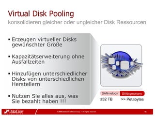 Virtual Disk Pooling
konsolidieren gleicher oder ungleicher Disk Ressourcen


 Erzeugen virtueller Disks
  gewünschter Größe

 Kapazitätserweiterung ohne
  Ausfallzeiten

 Hinzufügen unterschiedlicher
  Disks von unterschiedlichen
  Herstellern
                                                                          SANmelody   SANsymphony
 Nutzen Sie alles aus, was
                                                                          ≤32 TB      >> Petabytes
  Sie bezahlt haben !!!
                   © 2009 DataCore Software Corp. — All rights reserved                              18
 