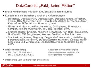 DataCore ist „Fakt, keine Fiktion“
 Breite Kundenbasis mit über 3000 Installationen in Europa
 Kunden in allen Branchen / Größen / Anforderungen
   • Lufthansa, Degussa Marl, Degussa Köln, Degussa Hanau, Infrachor,
     T-Com, DBV-Winterthur, ZDF – Zweites Deutsches Fernsehen, Arcor,
     Klosterfrau, IKEA, Airbus, Hornbach, uvm.
   • Mittelstand: Bayrische Flaschenwerke, Ortlinghaus, Birkenstock,
     Kemper, Reinert Wurstwaren, TFG (DB-Tochter) uvm.
   • Krankenhäuser: Grimma, München Schwabing, Karl Olga, Traunstein,
     Greifswald, ZSP Bergstrasse, Worms, Goethe Uni Frankfurt, uvm.
   • Stadt Witten, Ahaus, Siegburg, Deggendorf, Mannheim, Heidelberg,
     Barsinghausen, Nordhorn, Stadtkassenamt Frankfurt, Landesamt für
     Besoldung und Versorgung, Landschaftsverband Westfalen Lippe,
     AWO

 Plattformunabhängig                                             Spezifische Problemlösungen
   •   IBM, EMC, LSI, HDS, uvm.                                   Kombination unterschiedlicher HW
   •   SCSI, EIDE, SSA, SATA, SAS                                 Lösungportfolio wird größer

 Unabhängig vom vorhandenen Investment

                                © 2009 DataCore Software Corp. — All rights reserved                 71
 