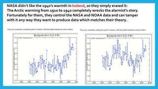 NASA didn’t like the 1940’s warmth in Iceland, so they simply erased it:
The Arctic warming from 1910 to 1940 completely wrecks the alarmist’s story.
Fortunately for them, they control the NASA and NOAA data and can tamper
with it any way they want to produce data which matches their theory.
 