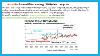 The BOM was caught red-handed in "homogenising"Australia's temperature data, always resulting in
cooling the past while warming the present (red graph). But Australian biologist Jennifer Marohasy [1]
collected actual temperatures which reveal a different story (blue graph).
[1]Jennifer Marohasy's website: .jennifermarohasy.com. Her rebuttal of BOM:
http://jennifermarohasy.com/2014/05/corrupting-australias-temperature-record/
Australian Bureau Of Meteorology (BOM) data corruption
 