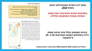 ‫שיצא‬ ‫המטאורולוגי‬ ‫השרות‬ ‫דוח‬ ‫מתוך‬
‫בשנת‬
2019
.
‫מגמת‬ ‫ישנה‬ ‫האחרונות‬ ‫השנים‬ ‫בשלושים‬
‫הכללית‬ ‫המשקעים‬ ‫בכמות‬ ‫הפחתה‬
.
‫מגמת‬ ‫מראה‬ ‫ארצי‬ ‫הכלל‬ ‫הממוצע‬ ‫בחינת‬
‫כ‬ ‫של‬ ‫האחרונות‬ ‫השנים‬ ‫בשלושים‬ ‫ירידה‬
-
25
‫מ‬
"
‫מ‬
/
‫עשור‬
.
‫מסקנת‬ ‫בין‬ ‫ההבדל‬
2015
‫למסקנת‬
2019
‫מגמתי‬ ‫נתונים‬ ‫משינוי‬ ‫נובע‬
.
 