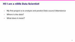• My first project is to analyze and predict Data council Attendance
• Where is the data?
• What does it mean?
Hi! I am a ...
