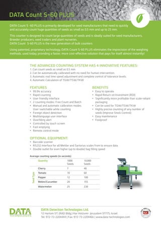 THE ADVANCED COUNTING SYSTEM HAS 4 INNOVATIVE FEATURES:
1. Can count seeds as small as 0.5 mm
2. Can be automatically calibrated with no need for human intervention.
3. Automatic real time speed adjustment and complete control of tolerance levels.
4. Automatic Calculation of TGW/TSW/TKW
FEATURES
•	 99.9% accuracy
•	 Rapid counting
•	 User friendly interface
•	 2 counting modes: Free Count and Batch
•	 Manual and automatic calibration modes. User-
switchable while counting
•	 Foreign object detection
•	 Multilanguage user interface
•	 Overfilling alert
•	 Controlled by touch screen
•	 Fast emptying
•	 Remote control mode
BENEFITS
•	 Easy to operate
•	 Rapid Return on Investment (ROI)
•	 Significantly more profitable than scale-reliant
packaging
•	 Can be used for TGW/TSW/TKW
•	 Highly precise counting of any number of seeds
(Improve Stock Control)
•	 Easy maintenance
•	 Foolproof
OPTIONAL EQUIPMENT:
•	 Barcode scanner
•	 RS232 Interface for all Mettler and Sartorius scales
from to ensure data
•	 Double outlet for even higher (up to double) bag
filling speed
Quantity 1000
Seeds
10,000
Seeds
Cherry 7 40
Tomato 10 60
Pepper 12 100
Melon/Cucumber 20 155
Watermelon 25 230
SeedType
Average counting speeds (in seconds)
DATA Detection Technologies Ltd.
12 Hartom ST. (RAD Bldg.) Har Hotzvim- Jerusalem 97775, Israel
Tel: 972-73-2204444 | Fax: 972-73-2204466 | www.data-technologies.com
DATA Count S -60 PLUS is primarily developed for seed manufacturers that need to quickly
and accurately count huge quantities of seeds as small as 0.5 mm and up to 25 mm.
This counter is designed to count large quantities of seeds and is ideally suited for seed manufacturers,
Breeder producers, seed traders and plant nurseries.
DATA Count S-60 PLUS is the new generation of bulk counters.
Using patented, proprietary technology, DATA Count S-60 PLUS eliminates the imprecision of the weighing
methods, used today, providing a faster, more cost-effective solution that pays for itself almost instantly!
DATA Count S-60 PLUS
TECHNICAL REQUIREMENTS
•	 Voltage: 115 / 230 VAC, 1 phase
•	 Frequency: 50/60 Hz
•	 Power consumption: 120 W
•	 Circuit breaker rate: Minimum 10 A slow blow
•	 Air connector: 6 mm, Air consumption:~ 4.5 L/min
•	 Compressed Dry air: 0.1 Bar (continuously during
operation)
•	 Dimensions (cm): (W) 71 x (D) 47 x (H) 86
•	 Hopper size: 6,000cc , 6 Liter
•	 Weight: ± 52 Kg
 