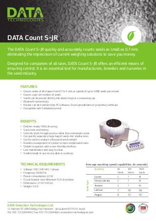 The DATA Count S-JR quickly and accurately counts seeds as small as 0.7 mm,
eliminating the imprecision of current weighing solutions to save you money.
Designed for companies of all sizes, DATA Count S-JR offers an efficient means of
ensuring control. It is an essential tool for manufacturers, breeders and nurseries in
the seed industry.
DATA Count S-JR
FEATURES
•	 Counts seeds of all shapes from 0.7 to 4 mm, at speeds of up to 3,000 seeds per minute
•	 Counts a pre-set number of seeds
•	 Seeds can be poured directly into plastic bags or a measuring cup
•	 Bluetooth connectivity
•	 Results can be transferred to PC software, Excel spreadsheets or proprietary software
•	 Compatible with Seikolabel printer
BENEFITS
•	 Delivers nearly 100% Accuracy
•	 Saves time and money
•	 Controls stock through precise rather than estimated counts
•	 Can quickly separate a large bag of seeds into smaller ones
•	 Can be used to analyze a thousand seeds weight
•	 Enables reassignment of a labor to more complicated tasks
•	 Simple to operate, with a user-friendly interface
•	 Low maintenance and easy to clean
•	 Small enough to use on any desk or worktop
TECHNICAL REQUIREMENTS
•	 Voltage: 100 / 240 VAC, 1 phase
•	 Frequency: 50/60 Hz
•	 Power consumption: 22 W
•	 Circuit breaker rate: Minimum 10 A slow blow
•	 Dimensions: 21×21×20 cm
•	 Weight: 5 KG
DATA Detection Technologies Ltd.
12 Hartom ST. (RAD Bldg.) Har Hotzvim - Jerusalem 9777514, Israel
Tel: 972-73-2204444 | Fax: 972-73-2204466 | www.data-technologies.com
Quantity 50
Seeds
100
Seeds
1000
Seeds
Carrot 5 7 45
Cherry tomato 5 7 45
Tomato 5 7 45
Lettuce 7 10 50
Pepper 6 12 55
SeedType
Average counting speed capabilities (in seconds)
 