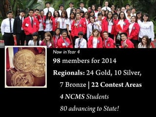 Now inYear 4	

98 members for 2014
Regionals: 24 Gold, 10 Silver,
7 Bronze | 22 Contest Areas
4 NCMS Students
80 advancing to State!
 