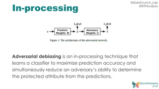 @DataCrunch_Lab
@RTPAnalysts
In-processing
Adversarial debiasing is an in-processing technique that
learns a classifier to maximize prediction accuracy and
simultaneously reduce an adversary’s ability to determine
the protected attribute from the predictions.
 