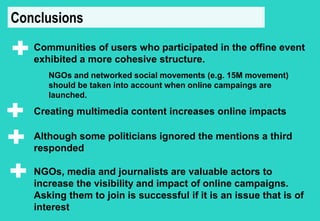 Conclusions 
Communities of users who participated in the offine event 
exhibited a more cohesive structure. 
NGOs and networked social movements (e.g. 15M movement) 
should be taken into account when online campaings are 
launched. 
Creating multimedia content increases online impacts 
Although some politicians ignored the mentions a third 
responded 
NGOs, media and journalists are valuable actors to 
increase the visibility and impact of online campaigns. 
Asking them to join is successful if it is an issue that is of 
interest 
 