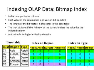Indexing OLAP Data: Bitmap Index
 • Index on a particular column
 • Each value in the column has a bit vector: bit-op is fast
 • The length of the bit vector: # of records in the base table
 • The i-th bit is set if the i-th row of the base table has the value for the
   indexed column
 • not suitable for high cardinality domains


     Base table            Index on Region                     Index on Type
Cust   Region     Type RecIDAsia Europe America RecID Retail Dealer
C1     Asia       Retail 1   1     0      0       1     1      0
C2     Europe     Dealer 2   0     1      0       2     0      1
C3     Asia       Dealer 3   1     0      0       3     0      1
C4     America    Retail 4   0     0      1       4     1      0
C5     Europe     Dealer 5   0     1      0       5     0      1
                                                                                 21
 