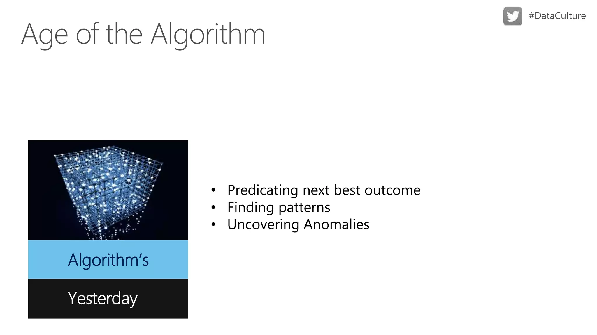 Algorithm’s
• Predicating next best outcome
• Finding patterns
• Uncovering Anomalies
Yesterday
 