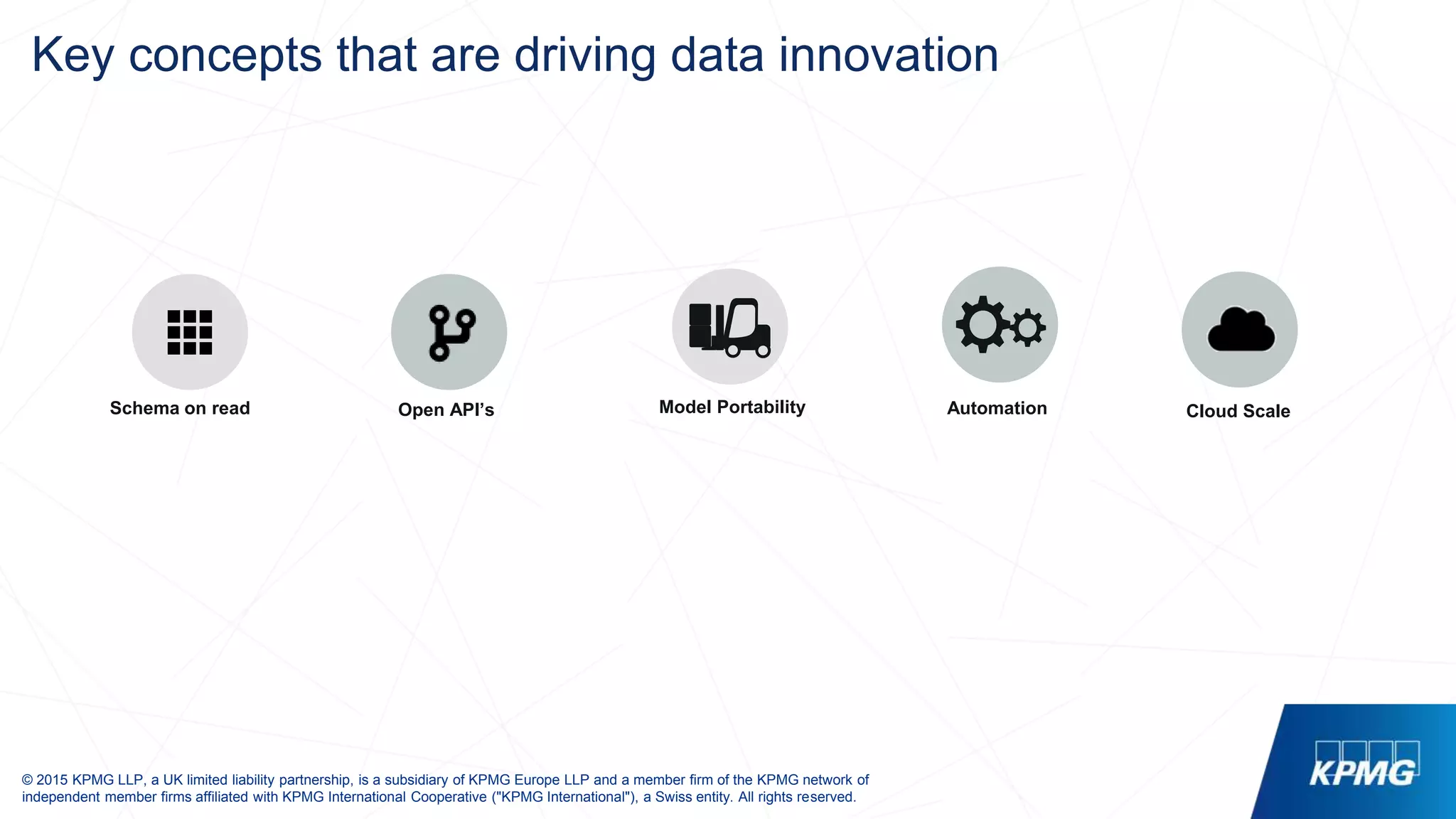 © 2015 KPMG LLP, a UK limited liability partnership, is a subsidiary of KPMG Europe LLP and a member firm of the KPMG network of
independent member firms affiliated with KPMG International Cooperative ("KPMG International"), a Swiss entity. All rights reserved.
Key concepts that are driving data innovation
Schema on read Open API’s Cloud ScaleModel Portability Automation
 