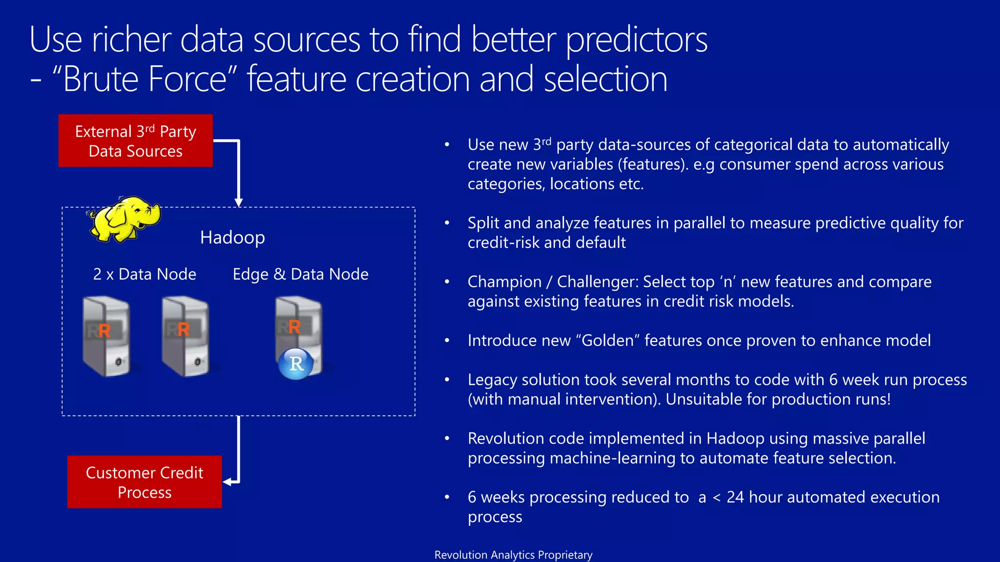 Hadoop
Edge & Data Node2 x Data Node
• Use new 3rd party data-sources of categorical data to automatically
create new variables (features). e.g consumer spend across various
categories, locations etc.
• Split and analyze features in parallel to measure predictive quality for
credit-risk and default
• Champion / Challenger: Select top ‘n’ new features and compare
against existing features in credit risk models.
• Introduce new “Golden” features once proven to enhance model
• Legacy solution took several months to code with 6 week run process
(with manual intervention). Unsuitable for production runs!
• Revolution code implemented in Hadoop using massive parallel
processing machine-learning to automate feature selection.
• 6 weeks processing reduced to a < 24 hour automated execution
process
External 3rd Party
Data Sources
Customer Credit
Process
Revolution Analytics Proprietary
 