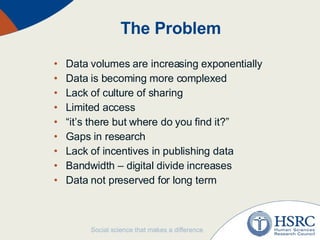 The Problem Data volumes are increasing exponentially Data is becoming more complexed Lack of culture of sharing Limited access “ it’s there but where do you find it?” Gaps in research Lack of incentives in publishing data Bandwidth – digital divide increases Data not preserved for long term 