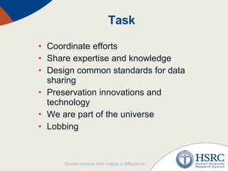 Task Coordinate efforts Share expertise and knowledge Design common standards for data sharing Preservation innovations and technology We are part of the universe Lobbing 