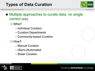 Types of Data Curation
Digital Enterprise Research Institute                        www.deri.ie



            Multiple approaches to curate data, no single
             correct way
                Who?
                       – Individual Curators
                       – Curation Departments
                       – Community-based Curation
                How?
                       – Manual Curation
                       – (Semi-)Automated
                       – Sheer Curation
 