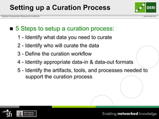 Setting up a Curation Process
Digital Enterprise Research Institute                                  www.deri.ie




            5 Steps to setup a curation process:
               1 - Identify what data you need to curate
               2 - Identify who will curate the data
               3 - Define the curation workflow
               4 - Identity appropriate data-in & data-out formats
               5 - Identify the artifacts, tools, and processes needed to
                   support the curation process
 