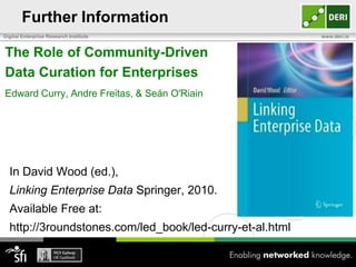 Further Information
Digital Enterprise Research Institute                     www.deri.ie


The Role of Community-Driven
Data Curation for Enterprises
Edward Curry, Andre Freitas, & Seán O'Riain




  In David Wood (ed.),
  Linking Enterprise Data Springer, 2010.
  Available Free at:
  http://3roundstones.com/led_book/led-curry-et-al.html
 