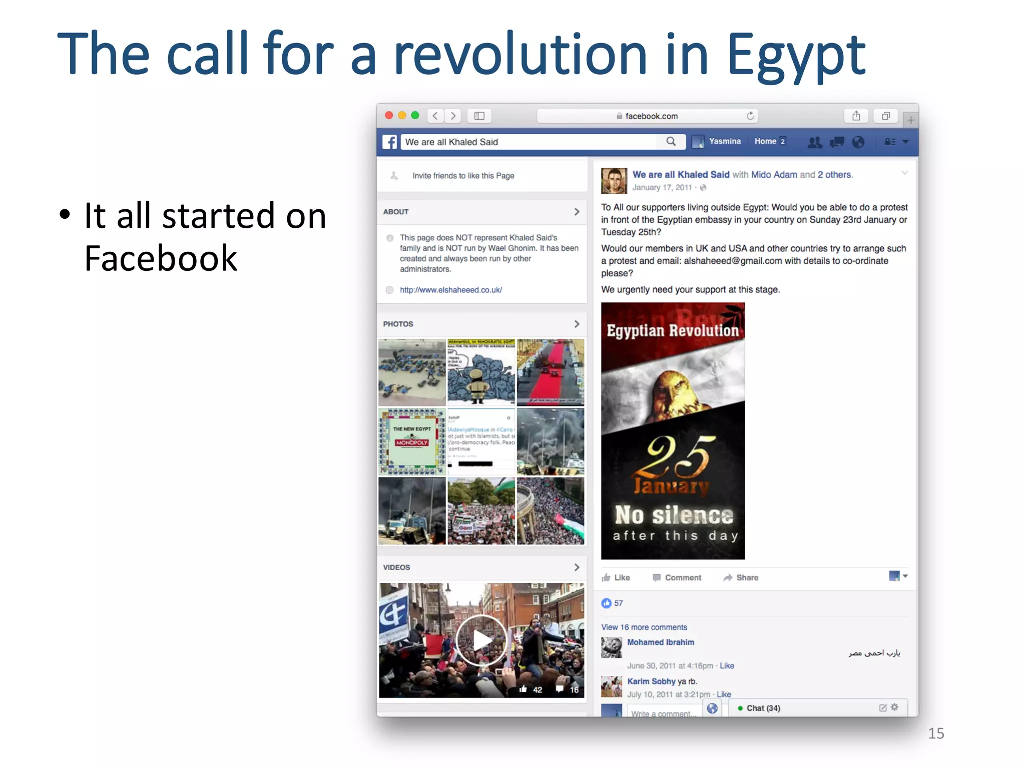 The	call	for	a	revolution	in	Egypt
• It	all	started	on	
Facebook
15
 