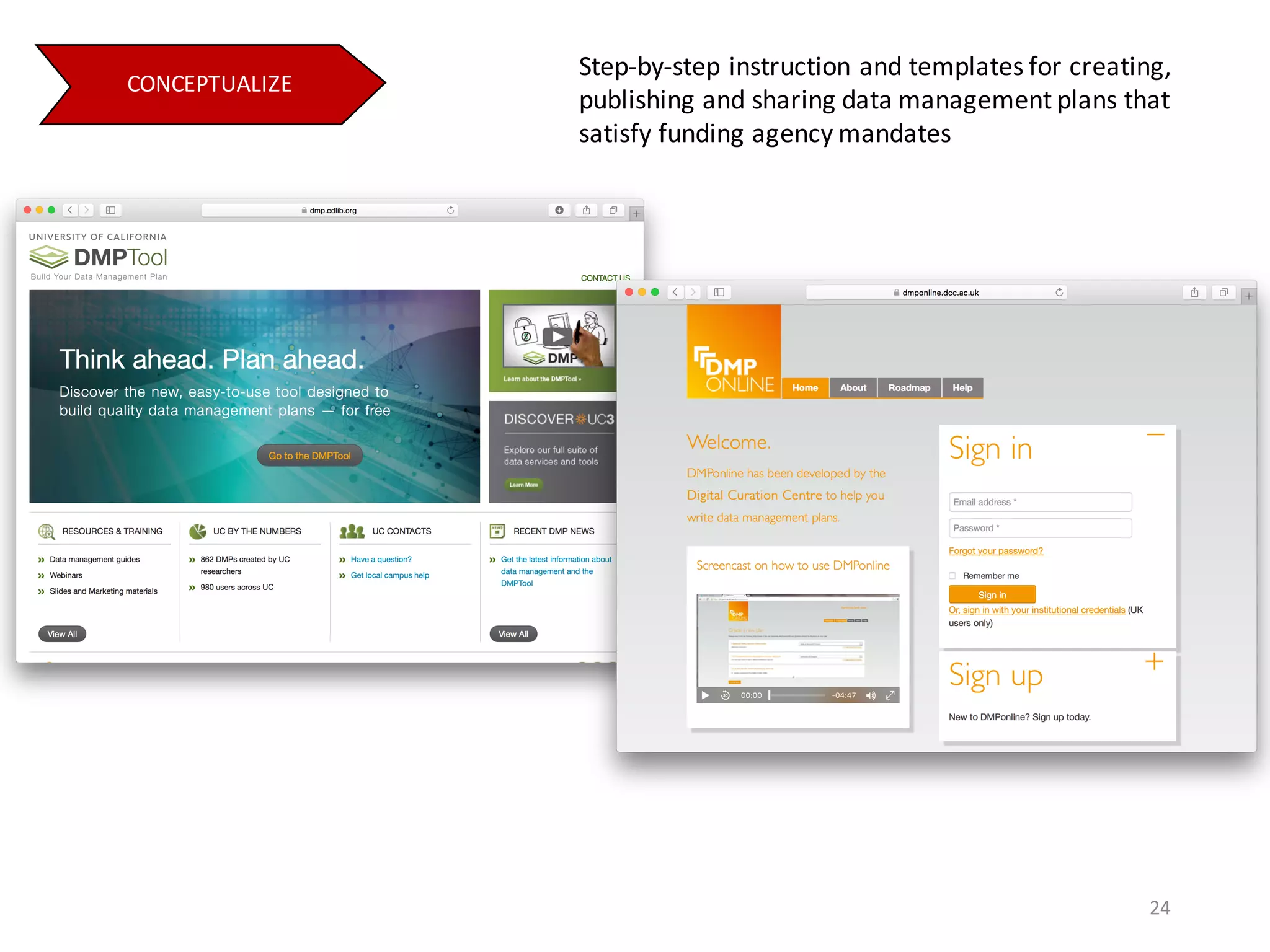 CONCEPTUALIZE
Step-by-step	instruction	and	templates	for	creating,	
publishing	and	sharing	data	management	plans	that	
satisfy	funding	agency	mandates
24
 