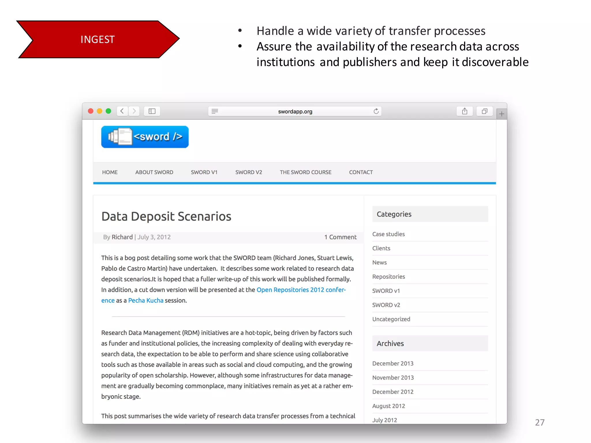 INGEST
27
• Handle	a	wide	variety	of	transfer	processes
• Assure	the	availability	of	the	research	data	across	
institutions	and	publishers	and	keep	it	discoverable	
 