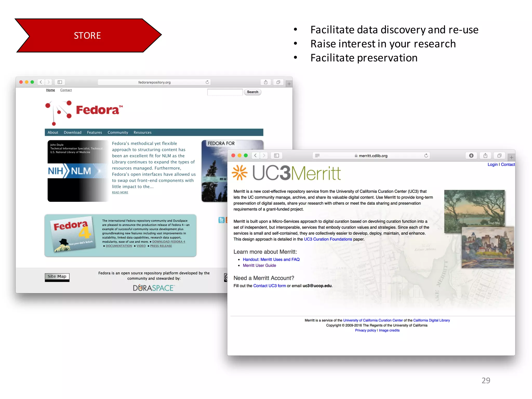 • Facilitate	data	discovery	and	re-use
• Raise	interest	in	your research
• Facilitate	preservation
STORE
29
 