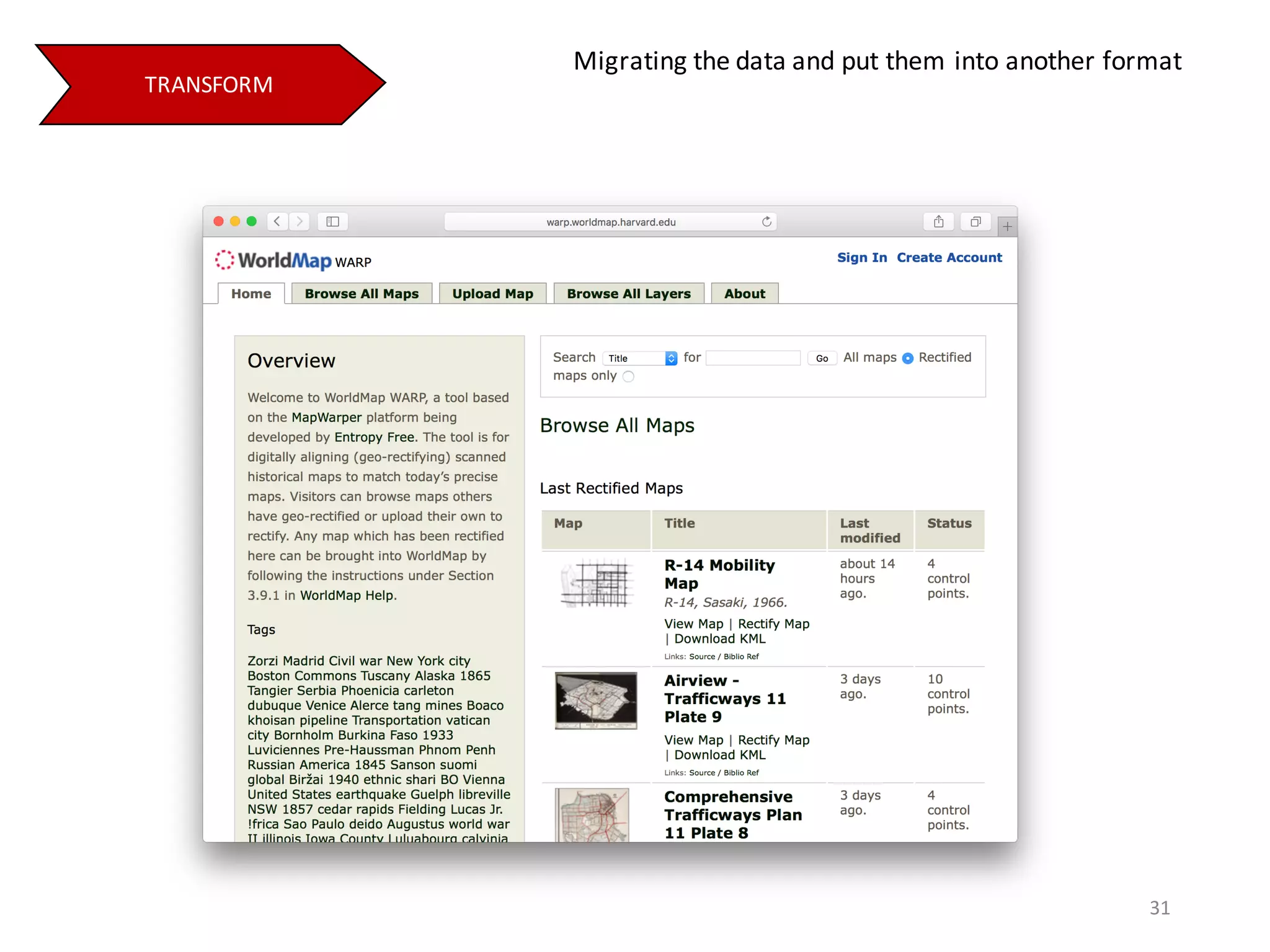 TRANSFORM
31
Migrating	the	data	and	put	them	into	another	format
 