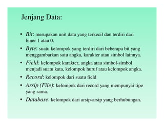 Jenjang Data:
• Bit: merupakan unit data yang terkecil dan terdiri dari
biner 1 atau 0.
• Byte: suatu kelompok yang terdiri dari beberapa bit yang
menggambarkan satu angka, karakter atau simbol lainnya.
• Field: kelompok karakter, angka atau simbol-simbol
menjadi suatu kata, kelompok huruf atau kelompok angka.
• Record: kelompok dari suatu field
• Arsip (File): kelompok dari record yang mempunyai tipe
yang sama.
• Database: kelompok dari arsip-arsip yang berhubungan.
 