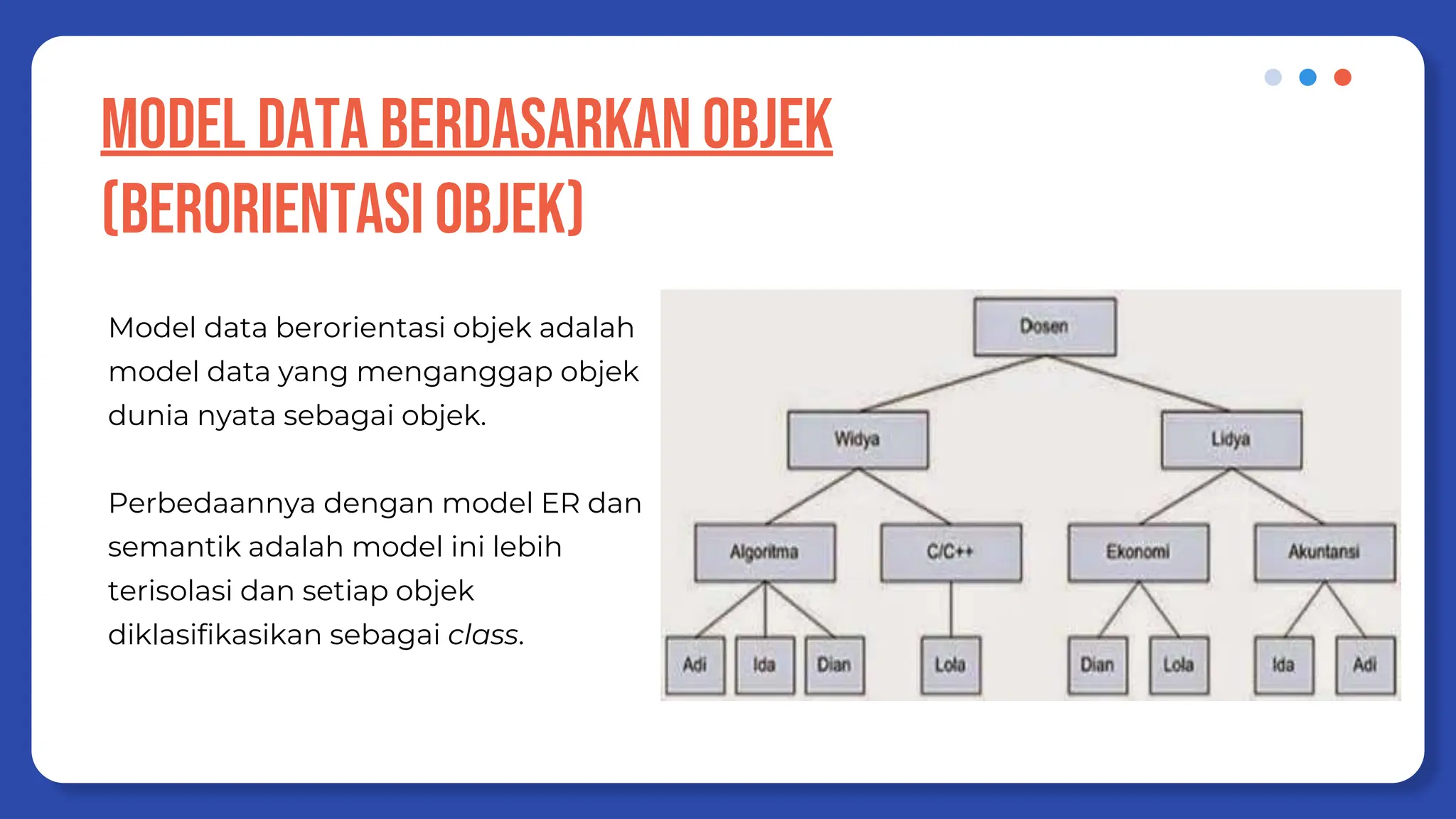 MODEL DATA BERDASARKAN OBJEK
(BERORIENTASI OBJEK)
Model data berorientasi objek adalah
model data yang menganggap objek
dunia nyata sebagai objek.
Perbedaannya dengan model ER dan
semantik adalah model ini lebih
terisolasi dan setiap objek
diklasifikasikan sebagai class.
 