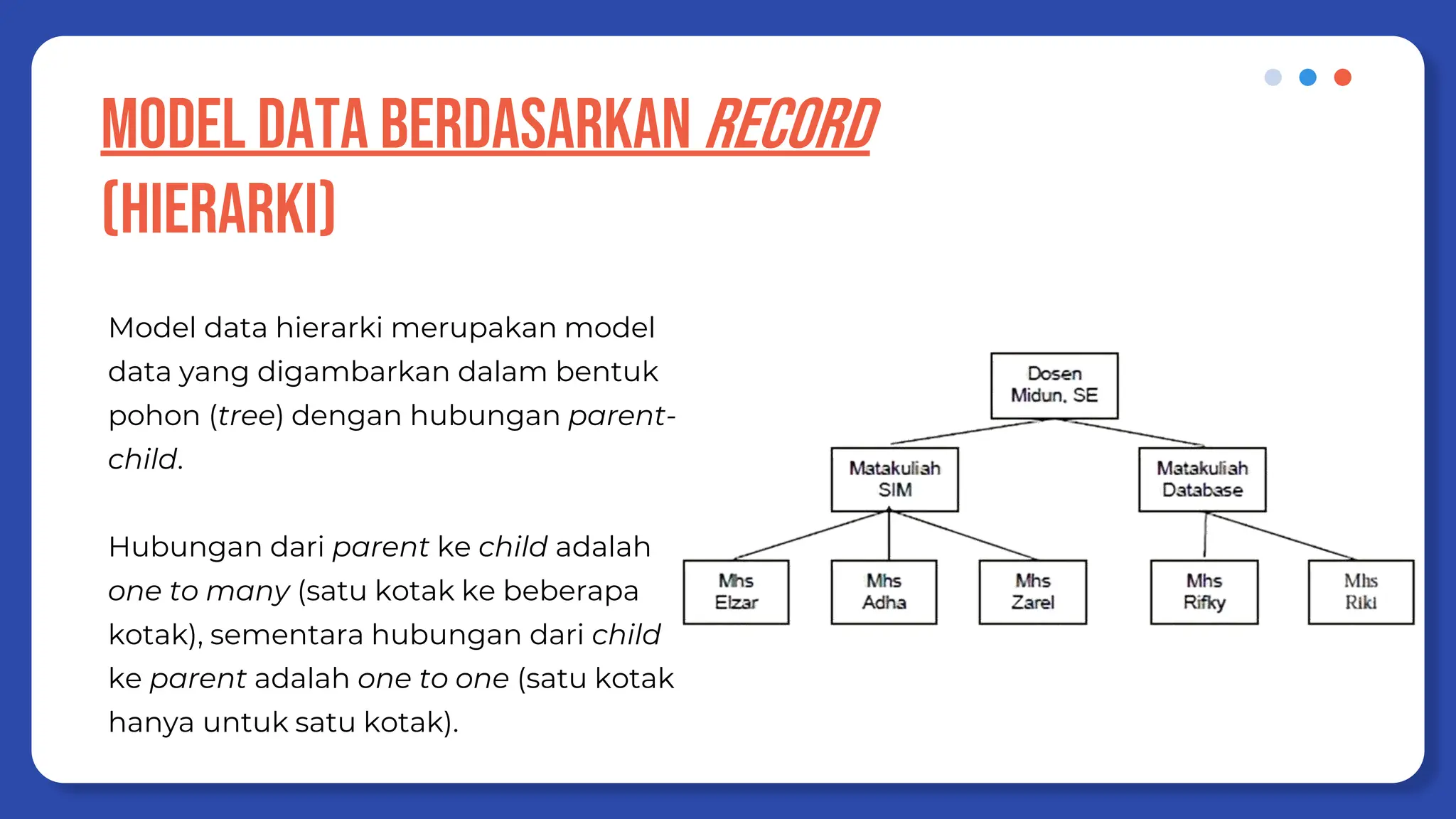 MODEL DATA BERDASARKAN RECORD
(HIERARKI)
Model data hierarki merupakan model
data yang digambarkan dalam bentuk
pohon (tree) dengan hubungan parent-
child.
Hubungan dari parent ke child adalah
one to many (satu kotak ke beberapa
kotak), sementara hubungan dari child
ke parent adalah one to one (satu kotak
hanya untuk satu kotak).
 