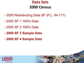 Data Sets 2000 Census - 2000 Redistricting Data SF (P.L. 94-171) - 2000 SF 1 100% Data - 2000 SF 2 100% Data -  2000 SF 3 Sample Data -  2000 SF 4 Sample Data 