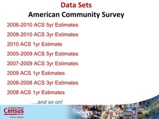 Data Sets American Community Survey 2006-2010 ACS 5yr Estimates 2008-2010 ACS 3yr Estimates 2010 ACS 1yr Estimate 2005-2009 ACS 5yr Estimates 2007-2009 ACS 3yr Estimates 2009 ACS 1yr Estimates 2006-2008 ACS 3yr Estimates 2008 ACS 1yr Estimates … .and so on! 