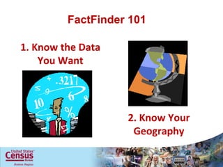 FactFinder 101 1. Know the Data You Want 2. Know Your Geography 
