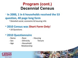 Program (cont.) Decennial Census In 2000, 1 in 6 households received the 53 question, 40 page long form Detailed social, economic & housing info 2010 Census was  Short Form Only ! 10 Questions  2010 Questionnaire - Name - Race - Housing  - Sex - Ethnicity   Tenure - Age - Household   Relationship 
