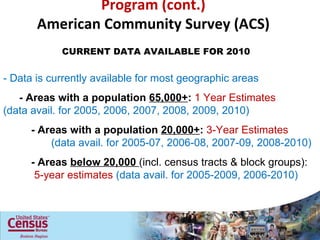 Program (cont.) American Community Survey (ACS) CURRENT DATA AVAILABLE FOR 2010 ! -  Data is currently available for most geographic areas  - Areas with a population  65,000+ :  1 Year Estimates  (data avail. for 2005, 2006, 2007, 2008, 2009, 2010)   - Areas with a population  20,000+ :  3-Year Estimates    (data avail. for 2005-07, 2006-08, 2007-09, 2008-2010)   - Areas  below 20,000  (incl. census tracts & block groups):    5-year estimates  (data avail. for 2005-2009, 2006-2010) 