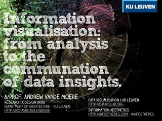 Information
visualisation:
from analysis
to the
communation
of data insights.
a/prof. Andrew Vande Moere
Research[x]Design (RxD)
Department of Architecture - KU Leuven
http://rxd.asro.kuleuven.be

!
Data visualisation lab leuven
http://datavislab.org
!
Information Aesthetics
http://infosthetics.com - @infosthetics

 