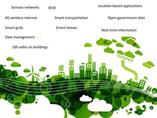 Sensors networks

4G wireless internet
Smart grids
Data management
QR codes on buildings

Location-based applications

RFI...