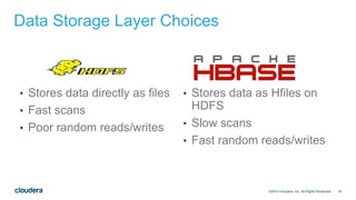 16
Data Storage Layer Choices
• Stores data directly as files
• Fast scans
• Poor random reads/writes
• Stores data as Hfiles on
HDFS
• Slow scans
• Fast random reads/writes
©2014 Cloudera, Inc. All Rights Reserved.
 