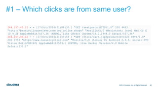 48
#1 – Which clicks are from same user?
©2014 Cloudera, Inc. All Rights Reserved.
244.157.45.12 - - [17/Oct/2014:21:08:30 ] "GET /seatposts HTTP/1.0" 200 4463
"http://bestcyclingreviews.com/top_online_shops" "Mozilla/5.0 (Macintosh; Intel Mac OS X
10_9_2) AppleWebKit/537.36 (KHTML, like Gecko) Chrome/36.0.1944.0 Safari/537.36”
244.157.45.12 - - [17/Oct/2014:21:59:59 ] "GET /Store/cart.jsp?productID=1023 HTTP/1.0"
200 3757 "http://www.casualcyclist.com" "Mozilla/5.0 (Linux; U; Android 2.3.5; en-us; HTC
Vision Build/GRI40) AppleWebKit/533.1 (KHTML, like Gecko) Version/4.0 Mobile
Safari/533.1”
 