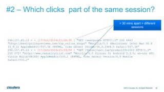49
#2 – Which clicks part of the same session?
©2014 Cloudera, Inc. All Rights Reserved.
244.157.45.12 - - [17/Oct/2014:21:08:30 ] "GET /seatposts HTTP/1.0" 200 4463
"http://bestcyclingreviews.com/top_online_shops" "Mozilla/5.0 (Macintosh; Intel Mac OS X
10_9_2) AppleWebKit/537.36 (KHTML, like Gecko) Chrome/36.0.1944.0 Safari/537.36”
244.157.45.12 - - [17/Oct/2014:21:59:59 ] "GET /Store/cart.jsp?productID=1023 HTTP/1.0"
200 3757 "http://www.casualcyclist.com" "Mozilla/5.0 (Linux; U; Android 2.3.5; en-us; HTC
Vision Build/GRI40) AppleWebKit/533.1 (KHTML, like Gecko) Version/4.0 Mobile
Safari/533.1”
> 30 mins apart = different
sessions
 
