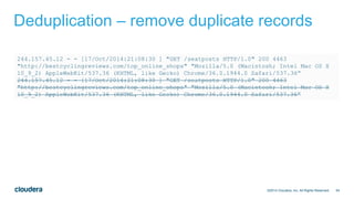 54
Deduplication – remove duplicate records
©2014 Cloudera, Inc. All Rights Reserved.
244.157.45.12 - - [17/Oct/2014:21:08:30 ] "GET /seatposts HTTP/1.0" 200 4463
"http://bestcyclingreviews.com/top_online_shops" "Mozilla/5.0 (Macintosh; Intel Mac OS X
10_9_2) AppleWebKit/537.36 (KHTML, like Gecko) Chrome/36.0.1944.0 Safari/537.36”
244.157.45.12 - - [17/Oct/2014:21:08:30 ] "GET /seatposts HTTP/1.0" 200 4463
"http://bestcyclingreviews.com/top_online_shops" "Mozilla/5.0 (Macintosh; Intel Mac OS X
10_9_2) AppleWebKit/537.36 (KHTML, like Gecko) Chrome/36.0.1944.0 Safari/537.36”
 