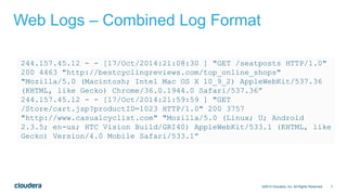 7
Web Logs – Combined Log Format
©2014 Cloudera, Inc. All Rights Reserved.
244.157.45.12 - - [17/Oct/2014:21:08:30 ] "GET /seatposts HTTP/1.0"
200 4463 "http://bestcyclingreviews.com/top_online_shops"
"Mozilla/5.0 (Macintosh; Intel Mac OS X 10_9_2) AppleWebKit/537.36
(KHTML, like Gecko) Chrome/36.0.1944.0 Safari/537.36”
244.157.45.12 - - [17/Oct/2014:21:59:59 ] "GET
/Store/cart.jsp?productID=1023 HTTP/1.0" 200 3757
"http://www.casualcyclist.com" "Mozilla/5.0 (Linux; U; Android
2.3.5; en-us; HTC Vision Build/GRI40) AppleWebKit/533.1 (KHTML, like
Gecko) Version/4.0 Mobile Safari/533.1”
 
