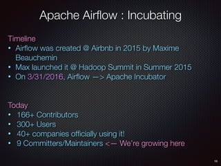 16
Apache Airﬂow : Incubating
Timeline
• Airﬂow was created @ Airbnb in 2015 by Maxime
Beauchemin
• Max launched it @ Hado...