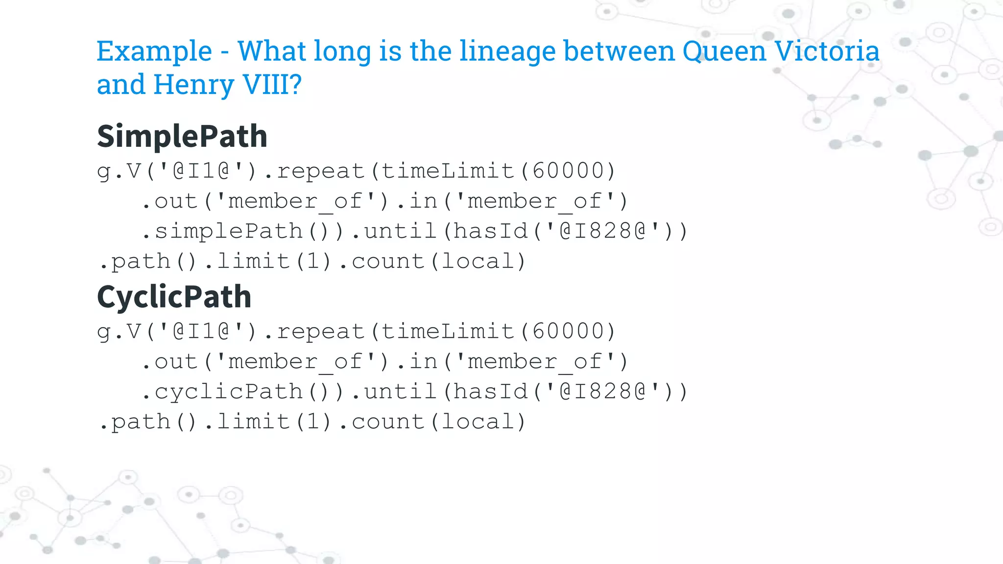 Example - What long is the lineage between Queen Victoria
and Henry VIII?
SimplePath
g.V('@I1@').repeat(timeLimit(60000)
.out('member_of').in('member_of')
.simplePath()).until(hasId('@I828@'))
.path().limit(1).count(local)
CyclicPath
g.V('@I1@').repeat(timeLimit(60000)
.out('member_of').in('member_of')
.cyclicPath()).until(hasId('@I828@'))
.path().limit(1).count(local)
 