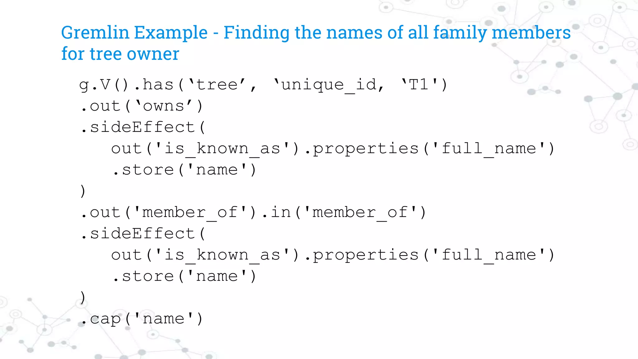 Gremlin Example - Finding the names of all family members
for tree owner
g.V().has(‘tree’, ‘unique_id, ‘T1')
.out(‘owns’)
.sideEffect(
out('is_known_as').properties('full_name')
.store('name')
)
.out('member_of').in('member_of')
.sideEffect(
out('is_known_as').properties('full_name')
.store('name')
)
.cap('name')
 