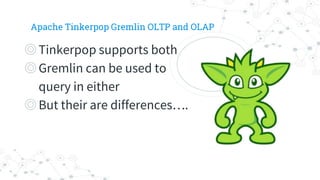 ◎Tinkerpop supports both
◎Gremlin can be used to
query in either
◎But their are differences….
Apache Tinkerpop Gremlin OLT...