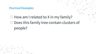Practical Examples
◎How am I related to X in my family?
◎Does this family tree contain clusters of
people?
 